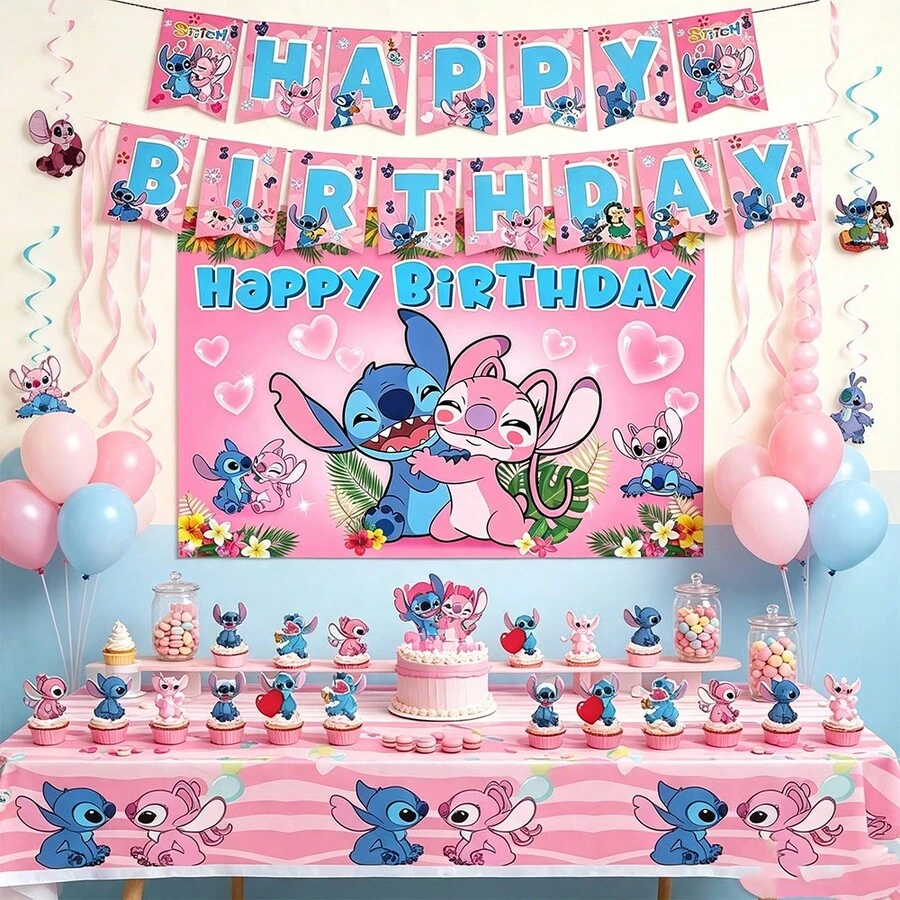 Stitch Angel Lilo & Stitch 生日派對裝飾套組 橫幅背景布 懸掛螺旋裝飾 蛋糕插牌 桌布 兒童生日用品 - 彩色 - 查看 1