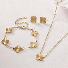1 Set Premium Fashion Handmade Polished Stainless Steel Four-Leaf Clover Necklace, Bracelet, Earring Set For Women Daily Wear Jewelry - Yellow Gold - View 3