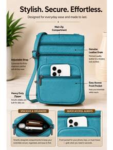 Women's Genuine Leather Crossbody Bag, Adjustable Shoulder Purse, Lightweight Travel Handbag For Work, Shopping & Daily Use - 綠松石色 - 查看 2