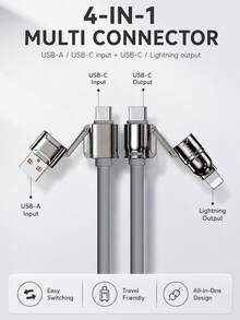4合1多功能充電線，USB-A/USB-C輸入轉USB-C/Lightning輸出，最高240W USB-C轉USB-C快充，柔軟矽膠充電線配金屬接頭，適用於手機、平板電腦和筆記本電腦 - 灰色 - 查看 2