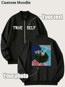 Customize A Personalized Stand-Collar Zip-Up Jacket. Upload Text, Copy, Photos, Group Photos, Family Portraits, Or Pet Pictures To Design Your Clothes - Black - View 1