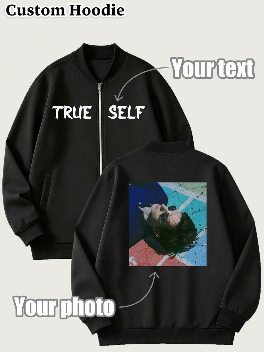Customize A Personalized Stand-Collar Zip-Up Jacket. Upload Text, Copy, Photos, Group Photos, Family Portraits, Or Pet Pictures To Design Your Clothes - Black - View 1