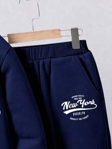 Tween Boy Letter Print Hoodie And Pocket Sweatpants Set - Royal Blue - View 5