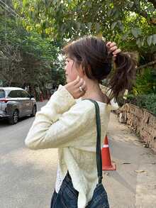 Korean Style Gentle Hollow Knit Cardigan, Spring/Autumn Slouchy Slimming Jacket - Off White - View 8