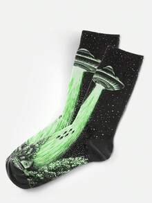 Cool 360° Printed Men's Socks - Streetwear Socks,UFO Spaceship,Alien Flying Saucer Graphic,Colorful,Funny Socks, Fit Daily, Holiday & Party Occasions - Black - View 6