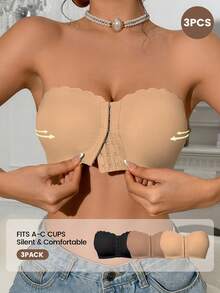 3 Buah Bra Bandeau Berbentuk Kipas Warna-warni dengan Penutup Depan, Bra Tanpa Tali, Tak Terlihat, Tanpa Kawat, Nyaman, dan Anti Selip yang Lebih Tebal untuk Wanita - MultiWarna - View 5