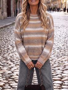 Plus Size Fashion Versatile Striped Color Block Long Sleeve Sweater Streetwear Preppy Style - Multicolor - View 3