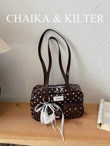 CHAIKA & KILTER 1件裝純色亮面PU布料女款時尚多口袋大容量波士頓保齡球肩背包，滿版波點圖案，拉鍊開合，適合日常與街頭使用（附吊飾） - 咖啡 - 查看 5
