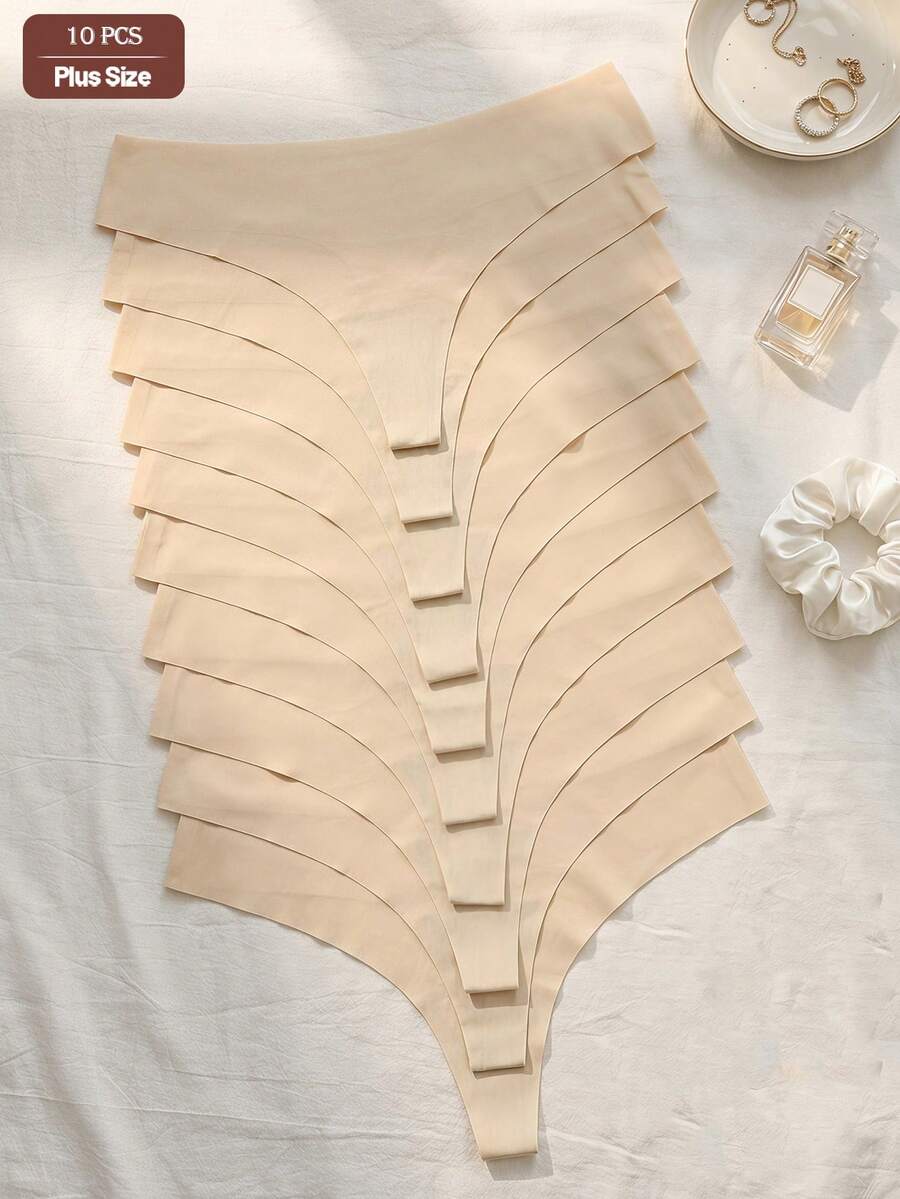 GYEY 10pcs Women's Seamless Plus Size Thongs, Sexy Elastic Comfortable, Multi-Color Options - Apricot - View 1