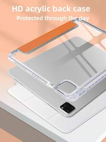 1件透明壓克力三折式橘色平板保護殼，相容 iPad Mini6/Mini7/Air/Air2/9.7/10.2/10.5/10.9 (Air4-Air8)/Pro 11/10th Gen/A16/Pro 11 2024，翻蓋平板保護套，透明壓克力背殼，三折支架，睡眠/喚醒功能，內置筆槽，不含筆，部分機型附相機框 - 橘色 - 查看 7