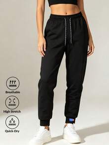 Women's High Waist Drawstring Cuffed Jogger Pants, Casual Sports Street Style Sweatpants Black - Black - View 1
