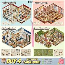 Isometric Mini Town Commercial Street Scene Stickers, Miniature Shop Models Including Coffee Shop, Flower Shop, Bookstore And More, Exquisite Planner Diary Fun Sticker Book Material, Sticker Aesthetics, Vintage Style Planner Supplies - B - View 7