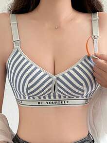 Bra Menyusui Nyaman Tanpa Kawat dengan Motif Garis-Garis Kontras untuk Ibu Hamil - Biru - View 1