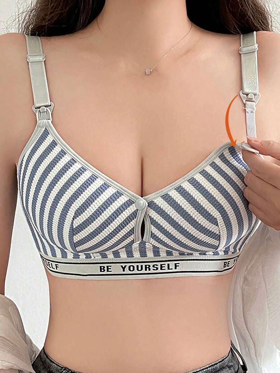 Bra Menyusui Nyaman Tanpa Kawat dengan Motif Garis-Garis Kontras untuk Ibu Hamil - Biru - View 1