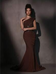 Vestido de fiesta elegante de mujer con volantes, cremallera y parches brillantes para cóctel y eventos formales - Marrón - Ver 9