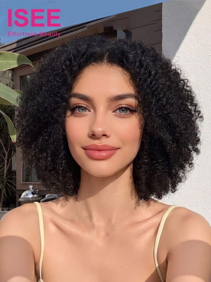 ISEE Hair Afro Curly Invisi Draw-Strings 360 Lace Frontal Glueless Wig Wear And Go Bleached Knots Natural Color 14-26 Inch 180% Density Natural Scalp Look Pre-Plucked Hairline Invisible Lace Seamless Blend For Women - SNatural - View 1