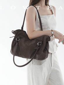 low tea 1 buah Tas Bahu Kulit PU Minimalis Bergaya Vintage dengan Gesper, Cocok untuk Bepergian, Berbelanja, dll. - Kopi - View 11