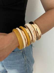 7/4/3pcs Fashion Elegant Casual Style Yellow Resin Marbled And Plain Metal Iron Bracelet Set, Suitable For Women's Daily, Vacation And Party Wear, Gift - Multicolor - View 5