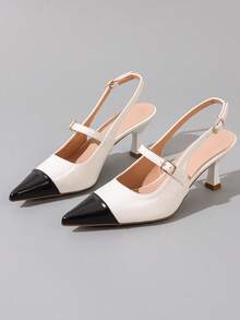 Women's Black And White Colorblock Pointed Toe Slingback Sandals, Thin Heel, Buckle, Elegant Commute Closed-Toe High Heels - Black and White - View 1
