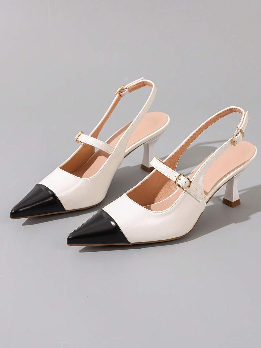 Women's Black And White Colorblock Pointed Toe Slingback Sandals, Thin Heel, Buckle, Elegant Commute Closed-Toe High Heels - Black and White - View 1