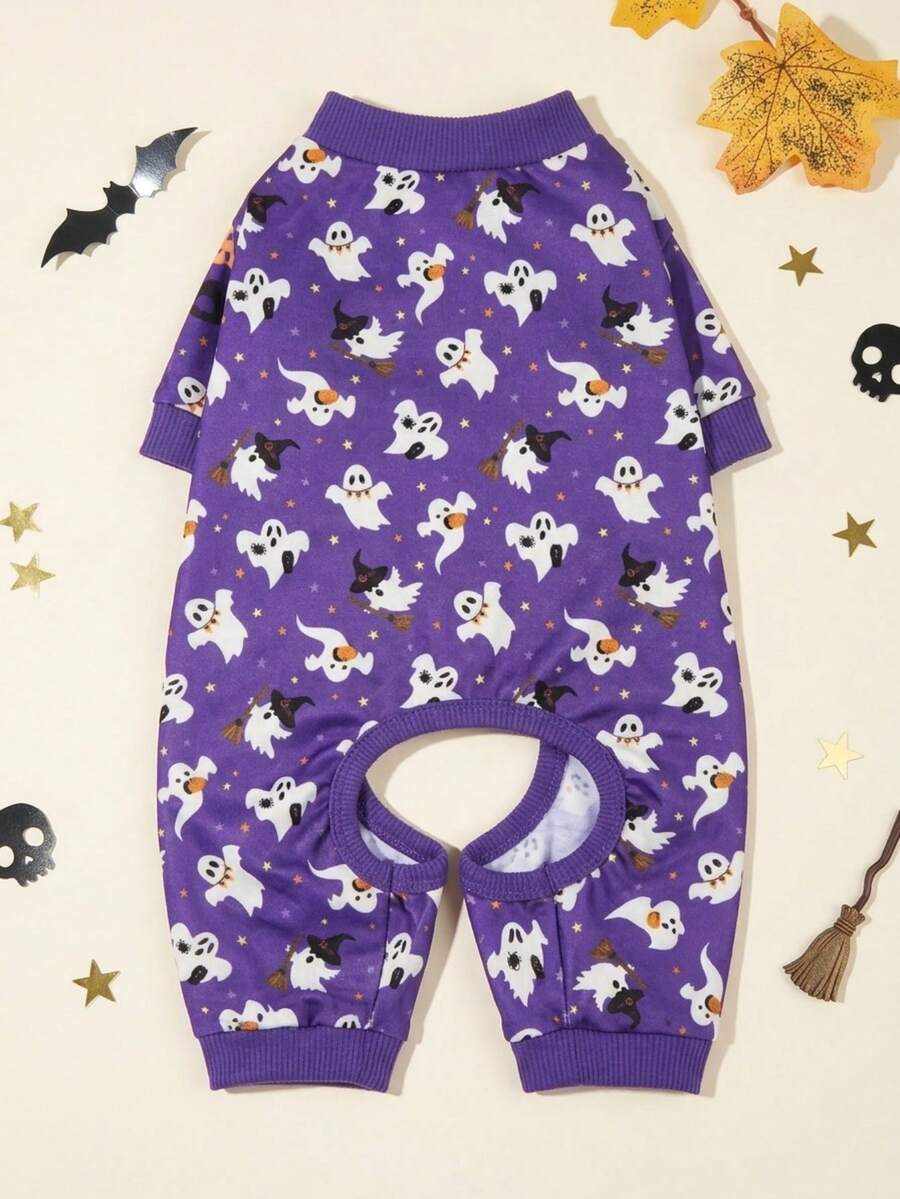 LUCKIE PAL 1pc Halloween Cute Goose Witch Ghost Print Pattern Cat Dog Polyester Four-Legged Pajamas, Elastic Soft Comfortable Warm Pet Cat Dog Suitable For Autumn Winter Indoor Outdoor - Multicolor - View 1