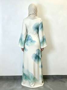 優雅 Abaya 長裙，彈性面料，喇叭長袖，抽象印花圖案，度假風，春季白色秋季 - 白色 - 查看 4