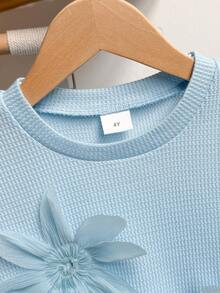 Girls Early Autumn Light Blue Waffle Knit Top With 3D Mesh Flower Decor, Round Neck Long Sleeve, Matching Loose Flared Pants, Suitable For Daily, Outdoor, School, Commute, Vacation, Fresh And Gentle Style - Baby Blue - View 3