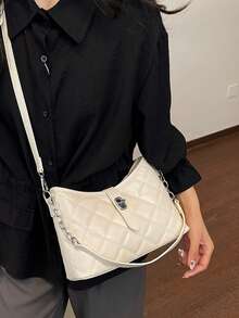 Fashion Classic Clown Solid Color Rhombus Patchwork Design Chain Square Bag Twist Lock Closure Burgundy - Beige - View 3