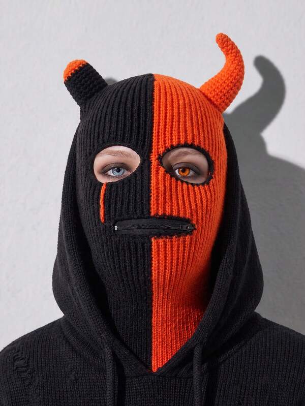 Unisex Devil Horn 2-In-1 Knit Balaclava Hat And Beanie, Full Face Ski Mask For Punk Streetwear And Halloween Costume Parties, 1PC