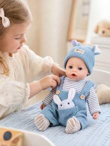 4pcs 16-18in Children's Doll Rabbit Theme Outfit, Striped Top + Rabbit Ear Overalls + Hat + Socks, Playful Dress-Up Clothes, Ideal Birthday Gift For Kids (Doll Not Included) - Multicolor - View 9