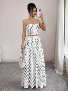 abyoxi Women's White With Black Polka Dot Floral Print Strapless Ruched Cropped Top + Flowy Long Skirt 2 Pieces Set Elegant Summer - Black Dots On White - View 1