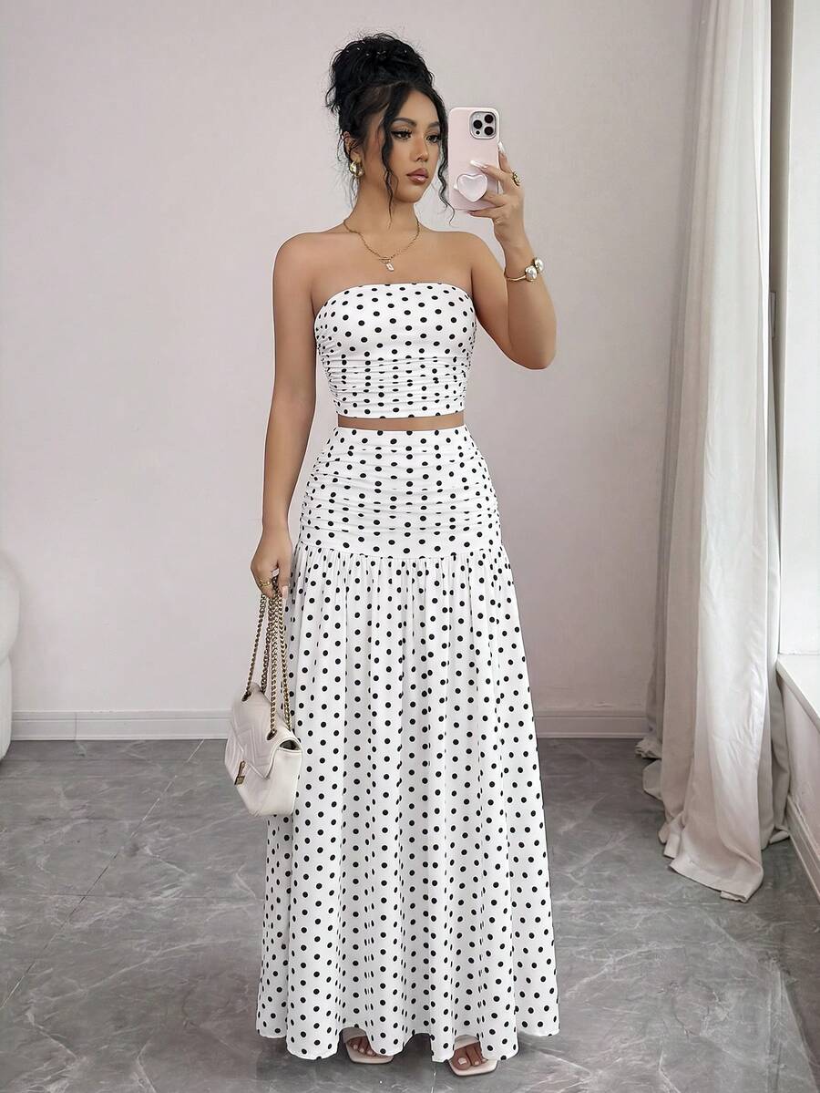 abyoxi Women's White With Black Polka Dot Floral Print Strapless Ruched Cropped Top + Flowy Long Skirt 2 Pieces Set Elegant Summer - Black Dots On White - View 1
