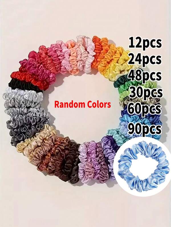12/24/30/48/60/90pcs Women's Random Color Small Silk Satin Thin Hair Ties, Simple Ponytail Hair Bands Hair Accessories, Suitable For Daily Use