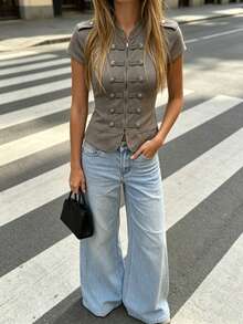 DEEKA Autumn New Women's European And American Style Fashion Minimalist Versatile Zipper Button Decor Vest Summer - Dark Khaki - View 3