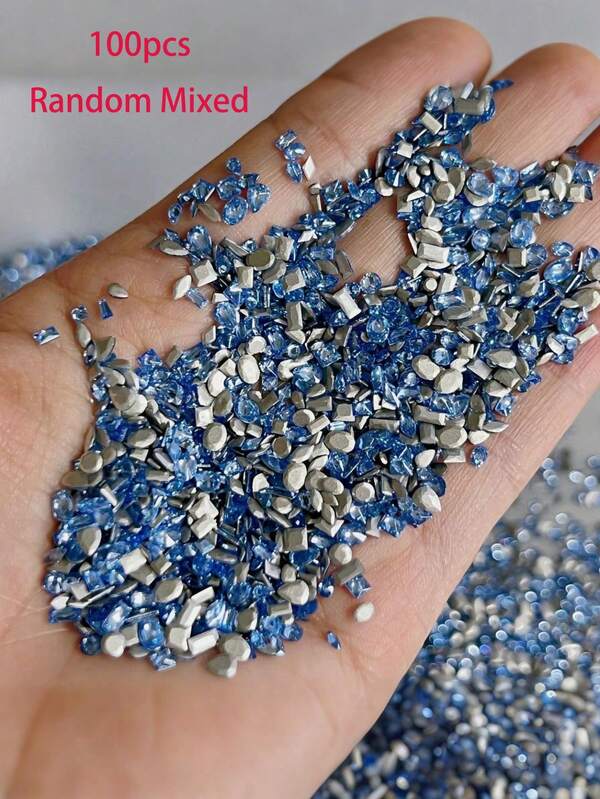 100pcs Mini Small Flat Back Zirconia Nail Art Rhinestones, Asymmetrical Heart & Square Super Shiny Blue Micro Zirconia Nail Decor