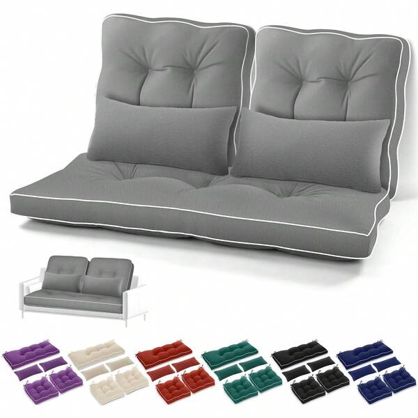 Set Of 5 Outdoor Bench Cushions Set 44 X 19 Inch Tufted Waterproof Patio Furniture Seat Pad With Throw Pillows Loveseat Cushion For Square Settee Indoor Sofa Wicker Couch(Gray)