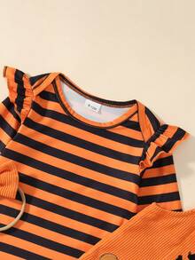 Infant Girl Long Sleeve Flutter Sleeve Striped Bodysuit Ribbed Pumpkin Embroidery Overalls Headband 3pcs Set Cute Halloween Baby Outfit Spring Autumn Holiday Outing Daily Wear - Multicolor - View 3