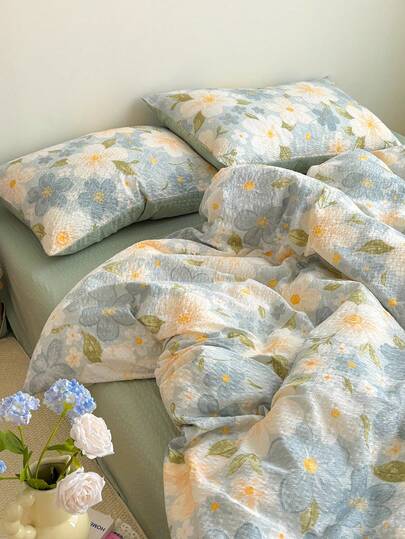 4-Piece Pastoral Floral Print Duvet Cover Set, Soft Breathable Puff Gauze All-Season Bedding Set, Includes 1 Duvet Cover, 1 Bed Sheet, 2 Pillowcases, No Fill, Suitable For Dorm, Bedroom, Home Use, Multiple Size Options