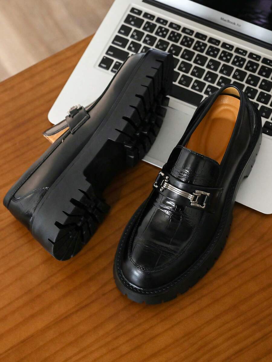Men's Crocodile Texture Metal Buckle Thick Sole Loafers British Slip-On Formal Shoes Commute Wedding Casual Shoes