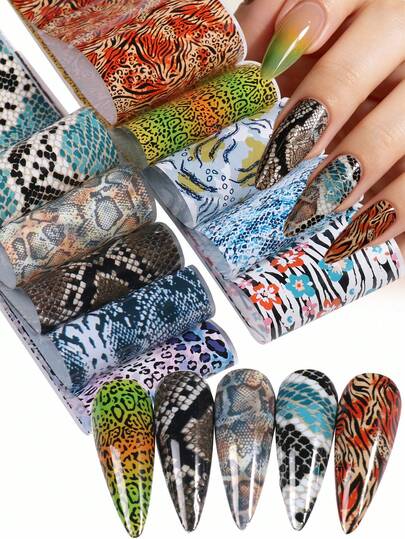10pcs/Pack Leopard Print Nail Foils Mixed Sexy Wild Animal Tiger Snake Skin Polka Dots Transfer Stickers Manicure Starry Sky Papers DIY Y2K Salon Nail Art Decoration Nail Supplies