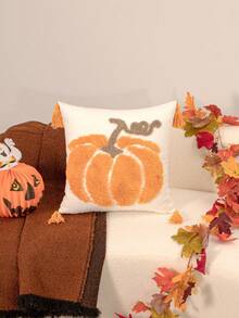 1pc Halloween Orange Pumpkin Pattern Square Pillow Case, Flocked & Tufted Craft With Four-Corner Tassel Decor, Country Pastoral Style, Suitable For Autumn Living Room, Bedroom, Sofa, Window Sill, Casual Gathering, Etc., Without Filling, 45*45cm - Multicolor - View 12