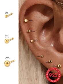 1pc 925 Sterling Silver Women's Cartilage Ear Stud, Hypoallergenic Ball Head Flat Back Earring, Suitable For Sensitive Ears, Helix Ear, Conch Ear, Tragus Ear, Piercing Jewelry - Gold - View 2