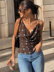 Polka Dot Tank Tops For Women Summer Sleeveless Backless Crop Tops Ruffled Cowl Neck Off The Shoulder Top Elegant Cropped Vest Going Out Tops ﻿ - Coffee Brown - View 5