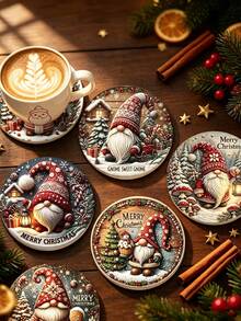6/1pc Christmas Round Coasters, Heat-Resistant Coffee Cup Mats, Vintage 2D Flat Desktop Protector, Christmas Holiday Home Decor, Ideal Housewarming Gift, Party & Holiday Tableware - Multicolor - View 9