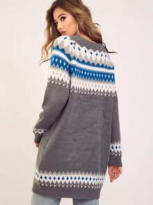 Plus Size Fair Isle Knit Sweater, Round Neck Drop Shoulder Pullover With Blue & White Geometric Pattern For Fall Winter Casual Wear - Grey - View 6