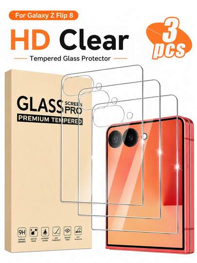 3 Paket Pelindung Layar untuk Samsung Galaxy Z Flip 5/ Z Flip 6/ Z /Z Flip 8, Kaca Tempered Depan, Mudah Dipasang, Kompatibel dengan Casing, Tahan Gores, Sensitif Sentuhan, Jernih HD