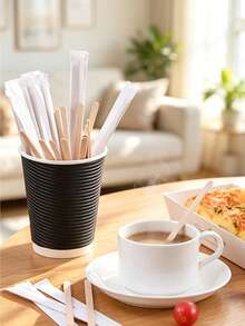 100pcs/Individually Wrapped Wooden Coffee Stir Sticks, Disposable Coffee Stirrers, Suitable For Stirring Coffee, Cocktails, Hot Drinks, Juices, Milk And Other Beverages - Multicolor - View 1