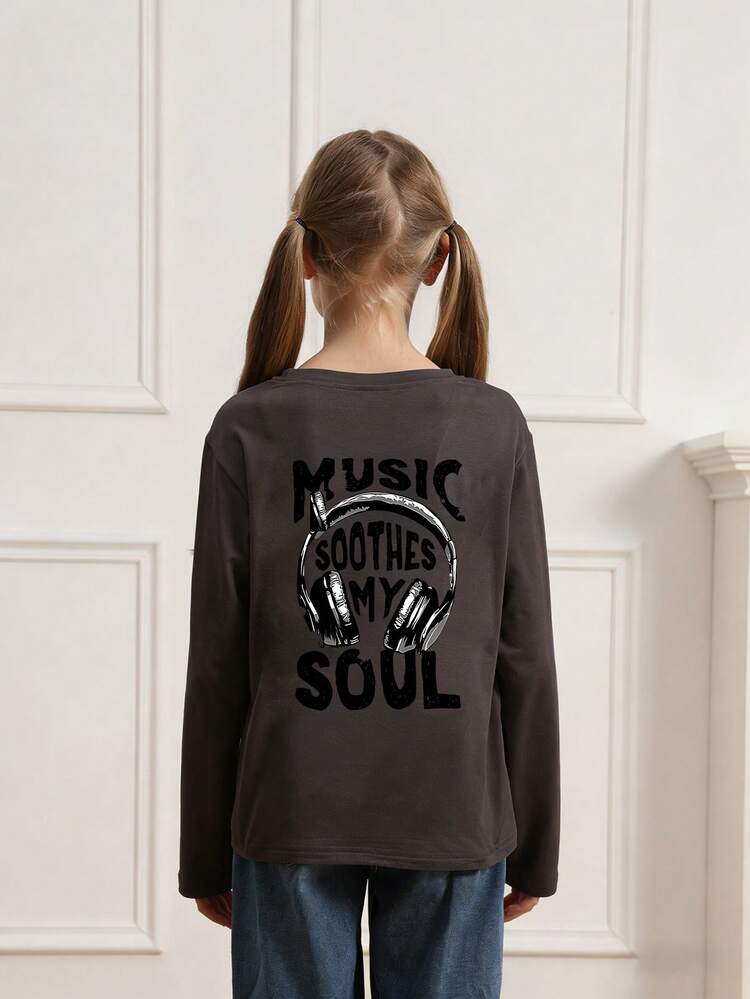 少女图案印花圆领长袖T恤，秋冬上衣 - 深灰色 - 查看 3