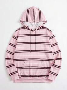 Women's Colorblock Striped Drawstring Loose Fit Oversized Hooded Sweatshirt, Casual Pocket Loose Style Pink - Pink - View 7