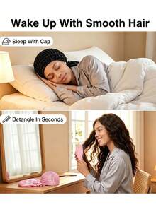 2-In-1 Woven Hair Net & Bonnet Set, Includes Detangling Brush, Satin Lined Curly Hair Sleep Cap, Anti-Frizz Overnight Hair Care Set - Pink - View 6
